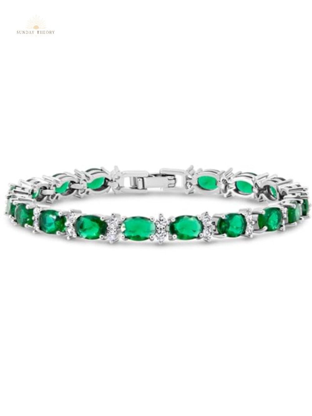 Silver Plated CZ Tennis Bracelet, Oval Emerald Simulated Stones, Fold Over